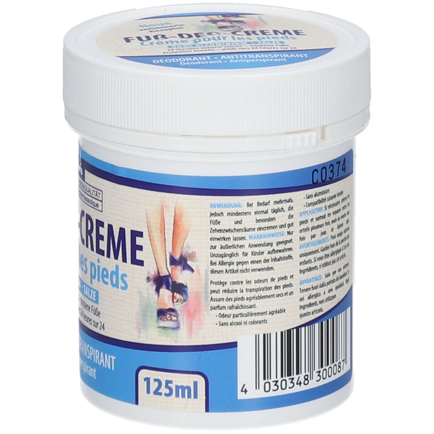 Witte pot met blauwe opschrift. Opschrift: Fuß-Deo-Creme, zonder aluminium, deodorant, antitranspirant. 125ml.