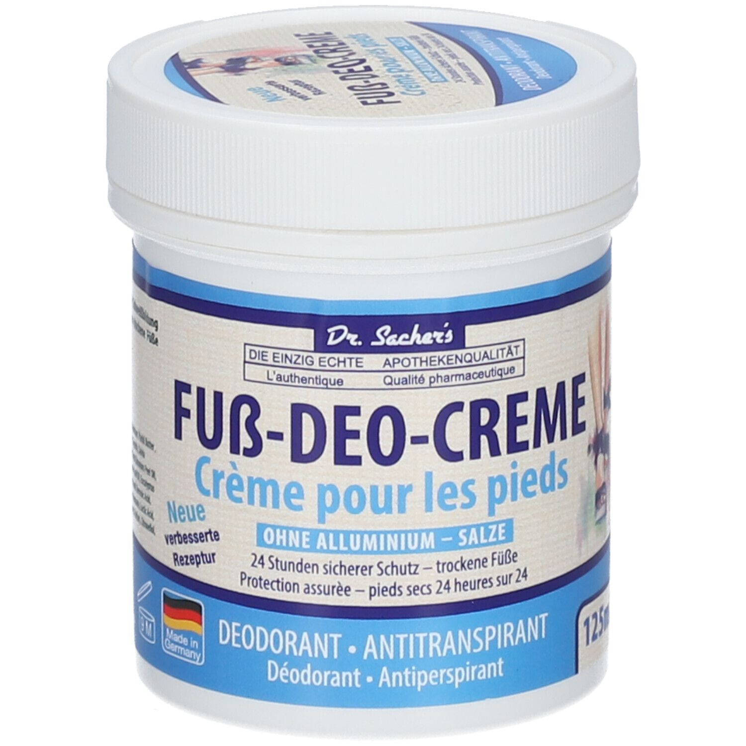 Witte pot met blauwe deksel. Opschrift: Fuß-Deo-Creme, zonder aluminium, deodorant, antitranspirant. Apotheekkwaliteit.
