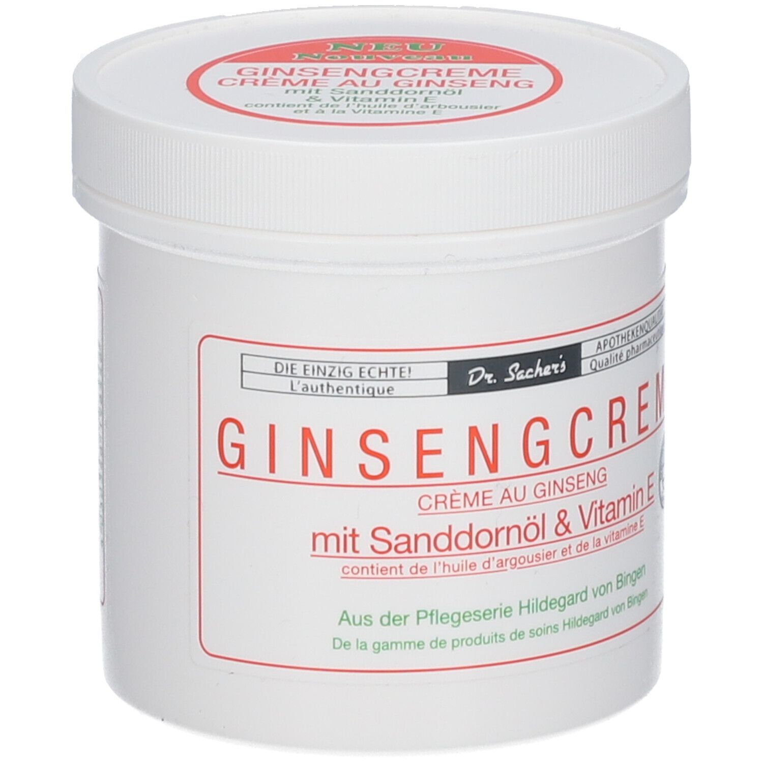 Witte pot met rood etiket. Opschrift: Ginsengcreme mit Sanddornöl & Vitamin E. Merk: Dr. Sacher's.
