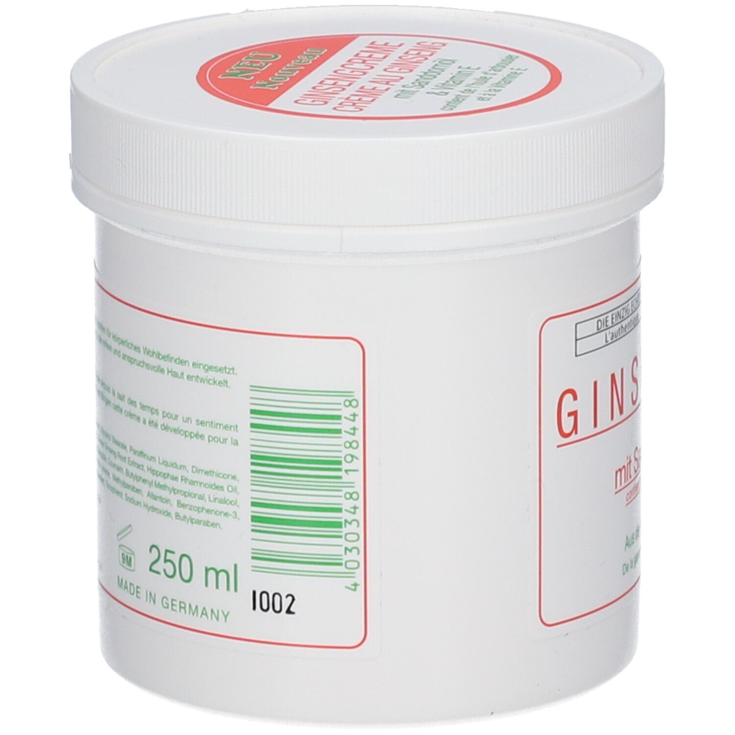 Witte pot, zijaanzicht. Rood etiket met tekst en barcode. Opschrift: 250 ml. Gemaakt in Duitsland.