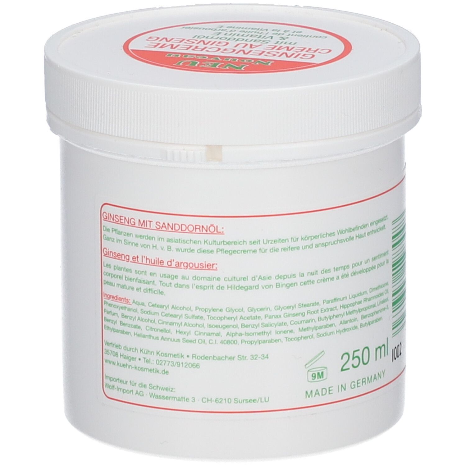 Witte pot, achteraanzicht. Rood etiket met tekst. Opschrift: Ginseng mit Sanddornöl. 250 ml. 9M-symbool.