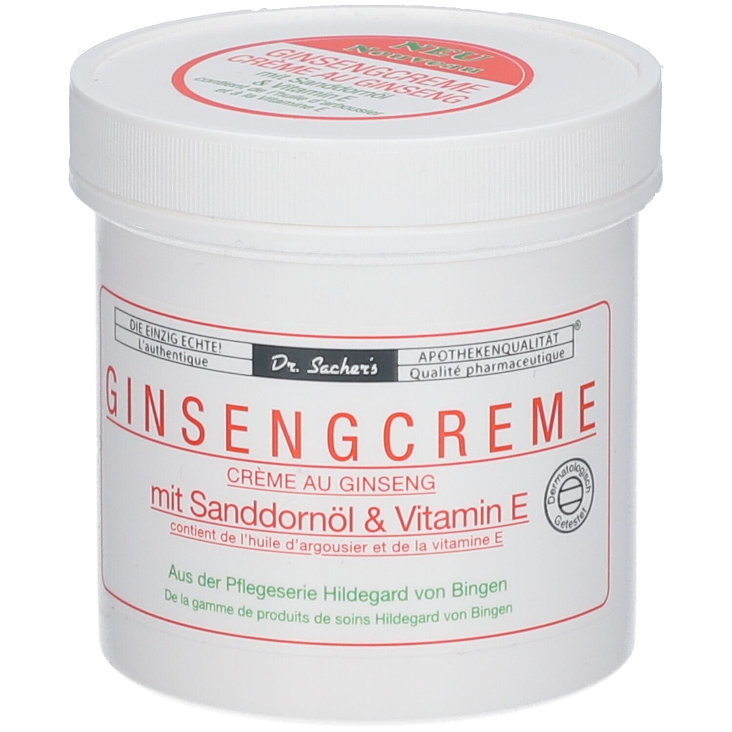 Witte pot met rood etiket. Opschrift: Ginsengcreme mit Sanddornöl & Vitamin E. Merk: Dr. Sacher's. Met keurmerk.