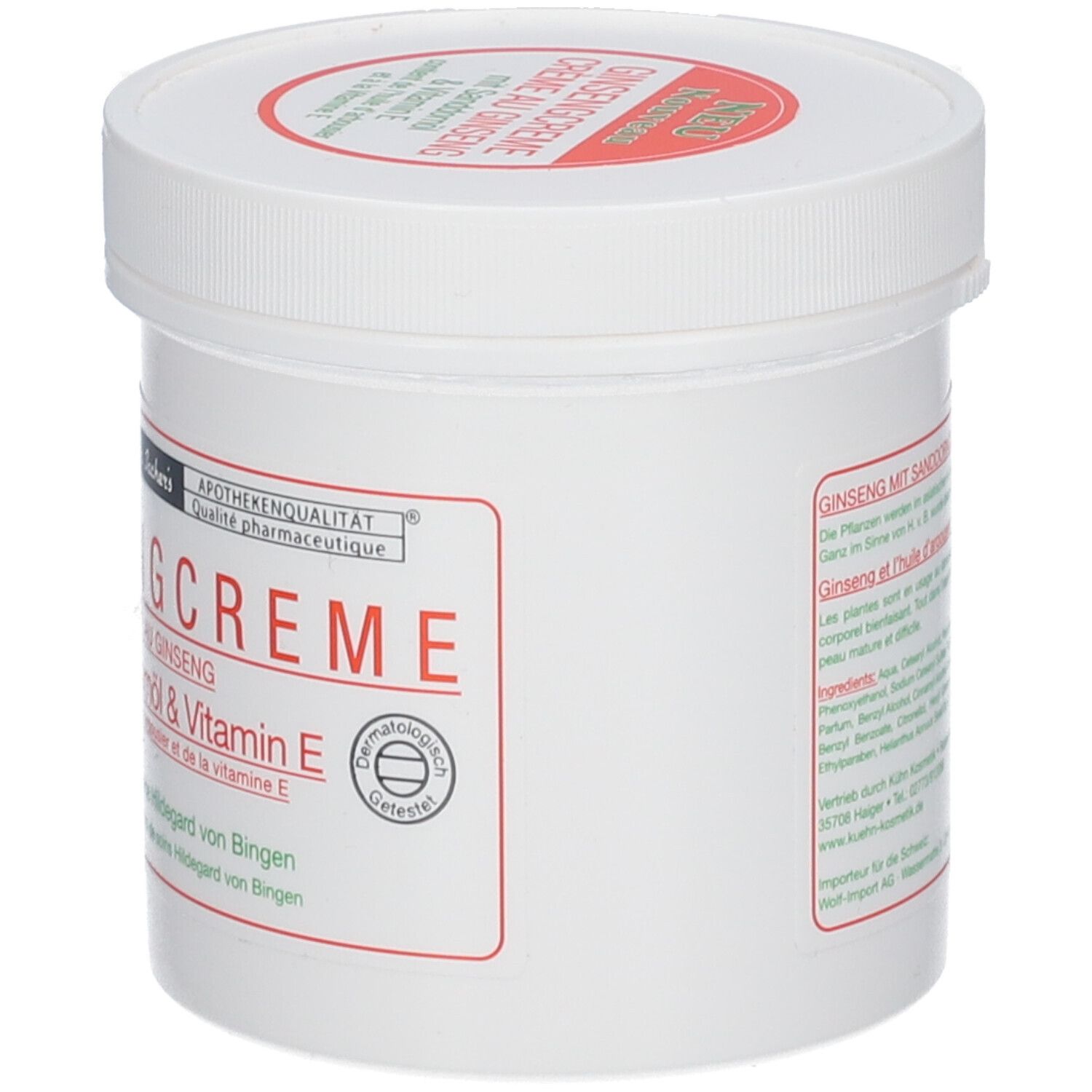 Witte pot met rood etiket. Opschrift: Ginsengcreme mit Sanddornöl & Vitamin E. Merk: Dr. Sacher's. Dermatologisch getest.