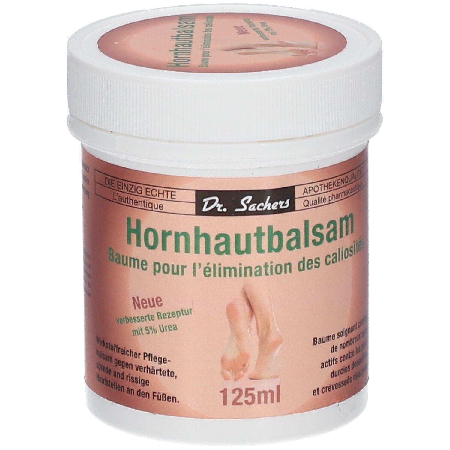 Pot blanc avec couvercle. Inscription: Dr. Sachers Hornhautbalsam. 125ml. Image de pieds.