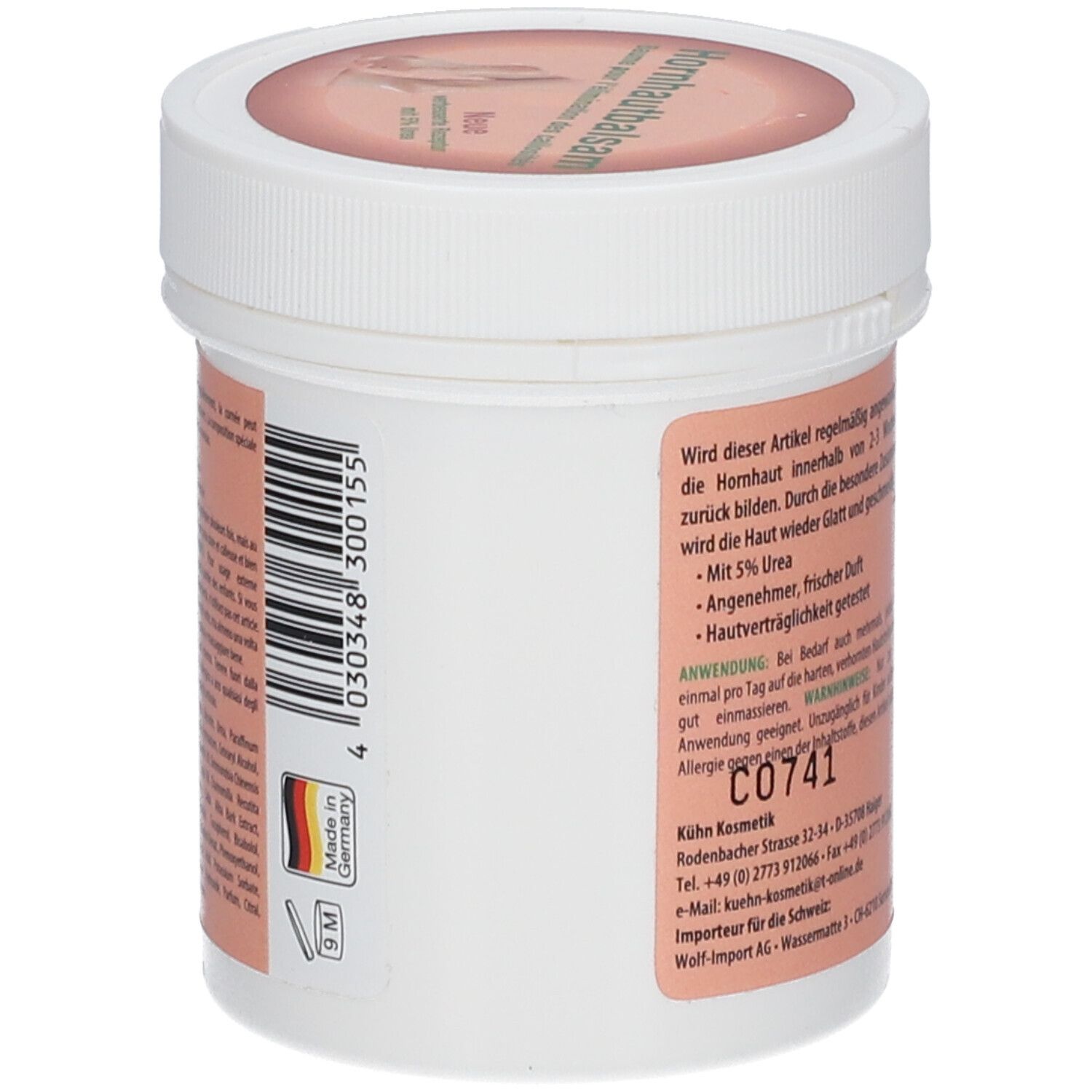 Pot blanc avec couvercle. Inscription: Dr. Sachers Hornhautbalsam. Informations textuelles. Fabriqué en Allemagne.