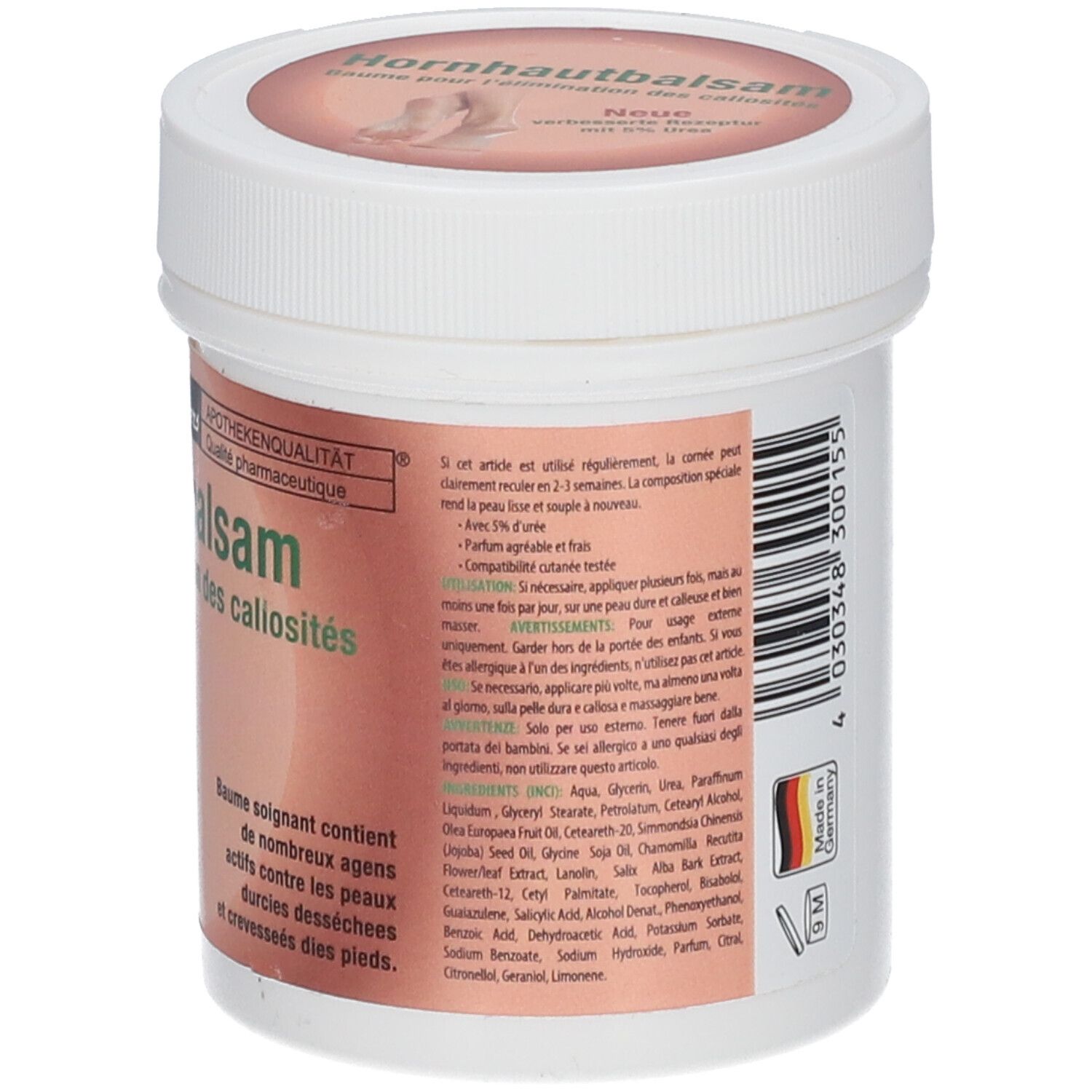 Pot blanc avec couvercle. Inscription: Dr. Sachers Hornhautbalsam. Informations textuelles. Ingrédients.