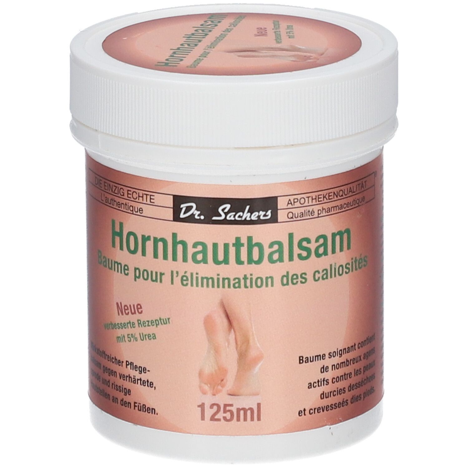Pot blanc avec couvercle. Inscription: Dr. Sachers Hornhautbalsam. 125ml. Image de pieds.