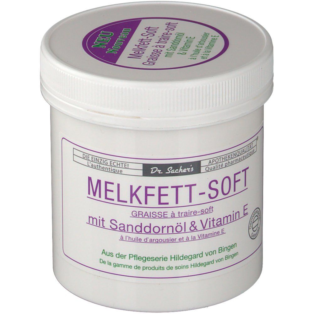 Witte pot met paarse deksel en opschrift MELKFETT-SOFT. Product van Dr. Sachers. Tekst in het Duits en Frans.