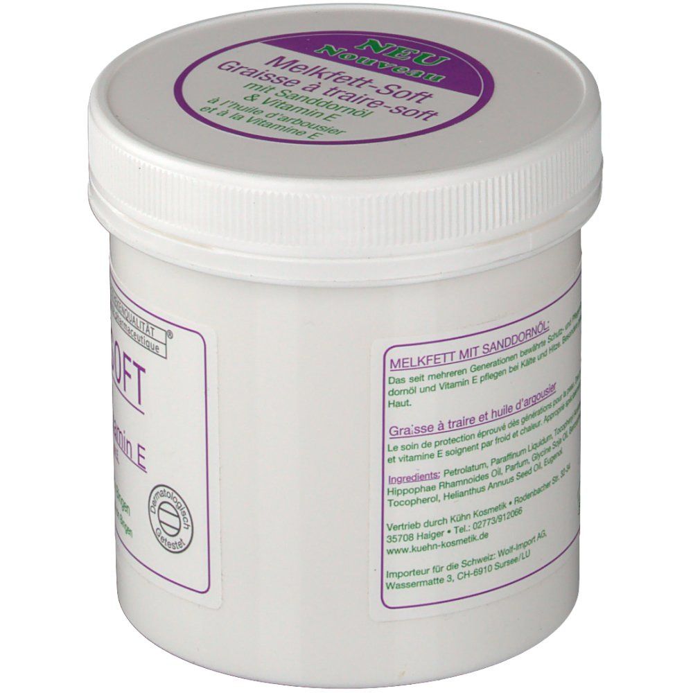 Witte pot met paarse deksel. Opschrift MELKFETT-SOFT. Tekst in het Duits en Frans. Product van Dr. Sachers.