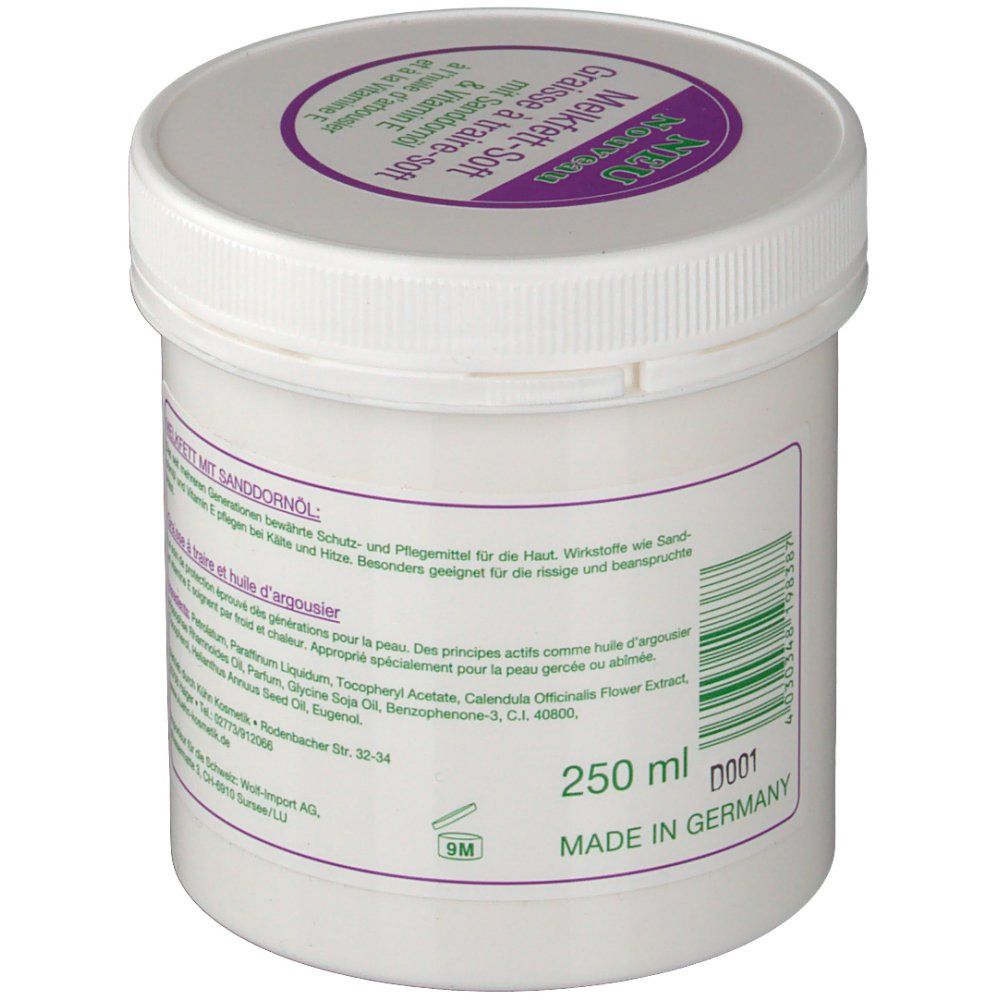 Witte pot met paarse deksel. Opschrift MELKFETT-SOFT. Tekst in het Duits en Frans. 250 ml. Made in Germany.