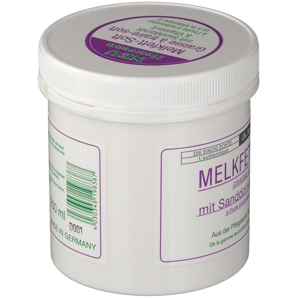 Witte pot met paarse deksel. Opschrift MELKFETT-SOFT. Tekst in het Duits en Frans. 250 ml. Made in Germany.