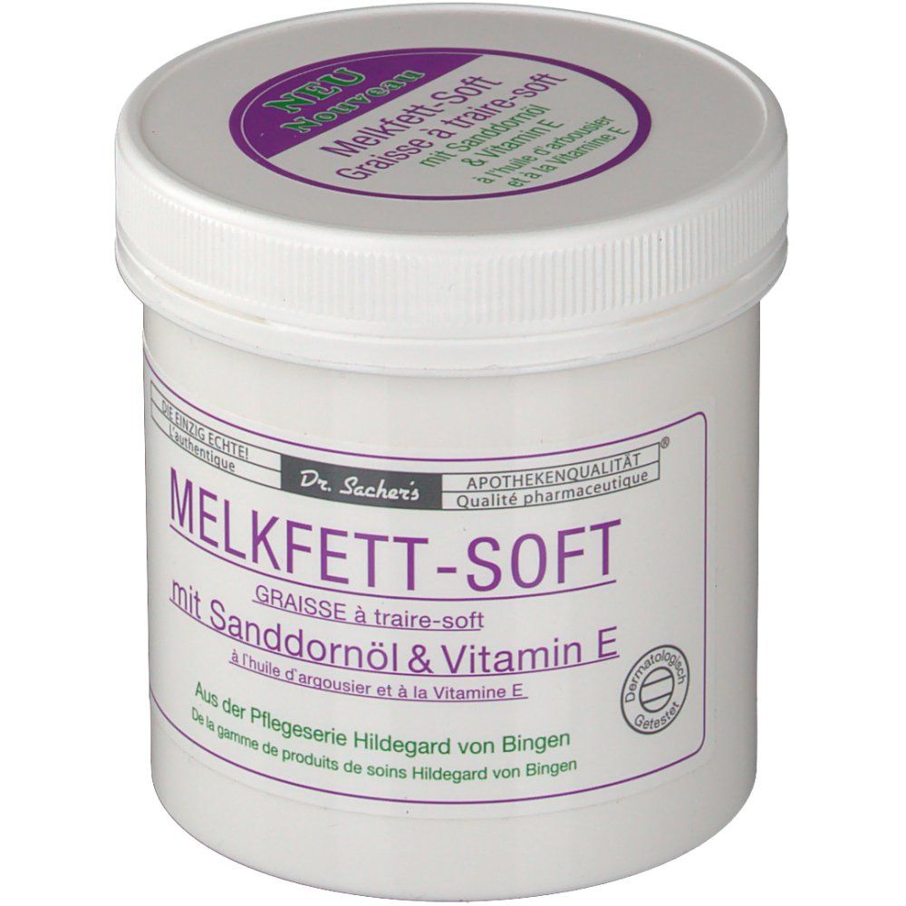 Witte pot met paarse deksel en opschrift MELKFETT-SOFT. Product van Dr. Sachers. Tekst in het Duits en Frans.