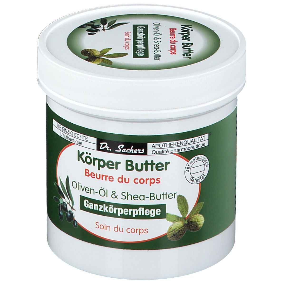 Witte pot met groen etiket. Opschrift: Körper Butter, Oliven-Öl & Shea-Butter. Apotheekkwaliteit. Dermatologisch getest.