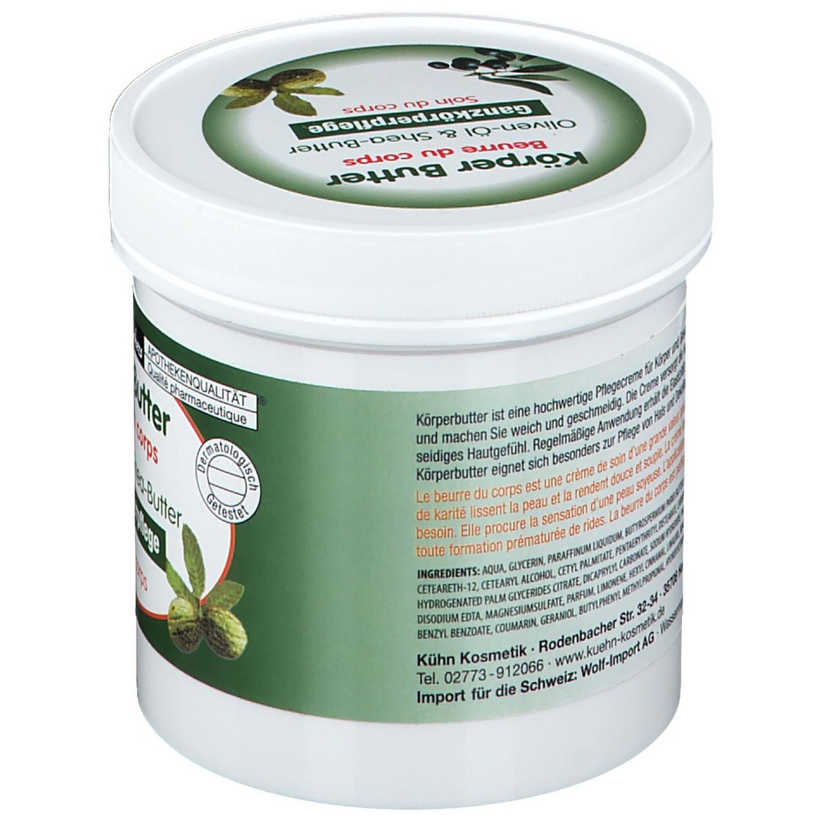 Witte pot, zijaanzicht. Groen etiket met tekst en ingrediënten. Apotheekkwaliteit. Tekst in het Duits en Frans.