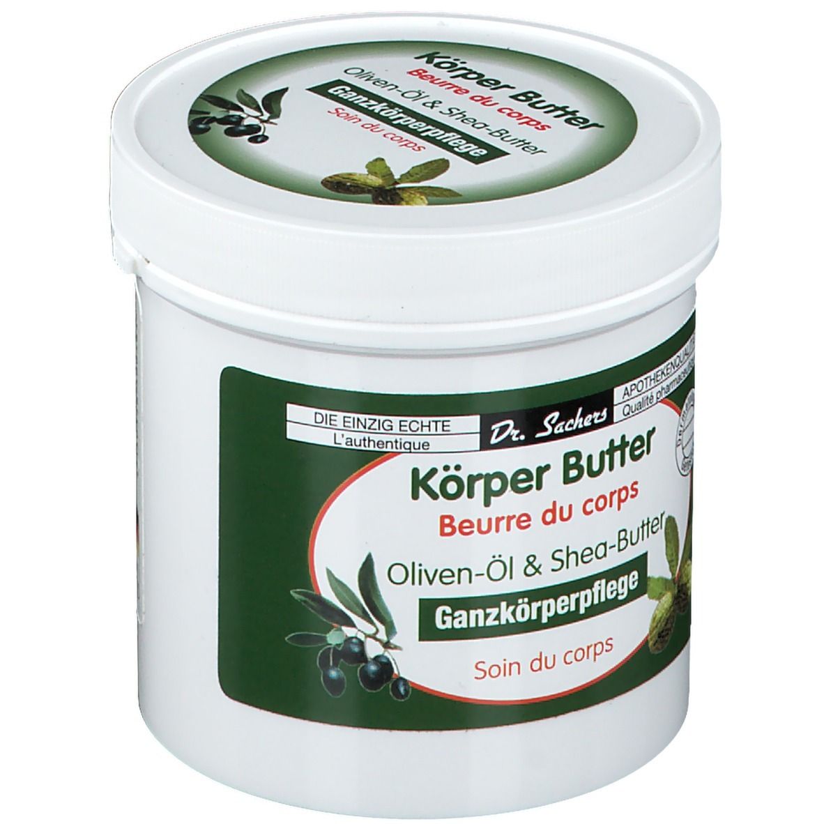 Witte pot met groen etiket. Opschrift: Körper Butter, Oliven-Öl & Shea-Butter. Lichaamsverzorging. Apotheekkwaliteit.