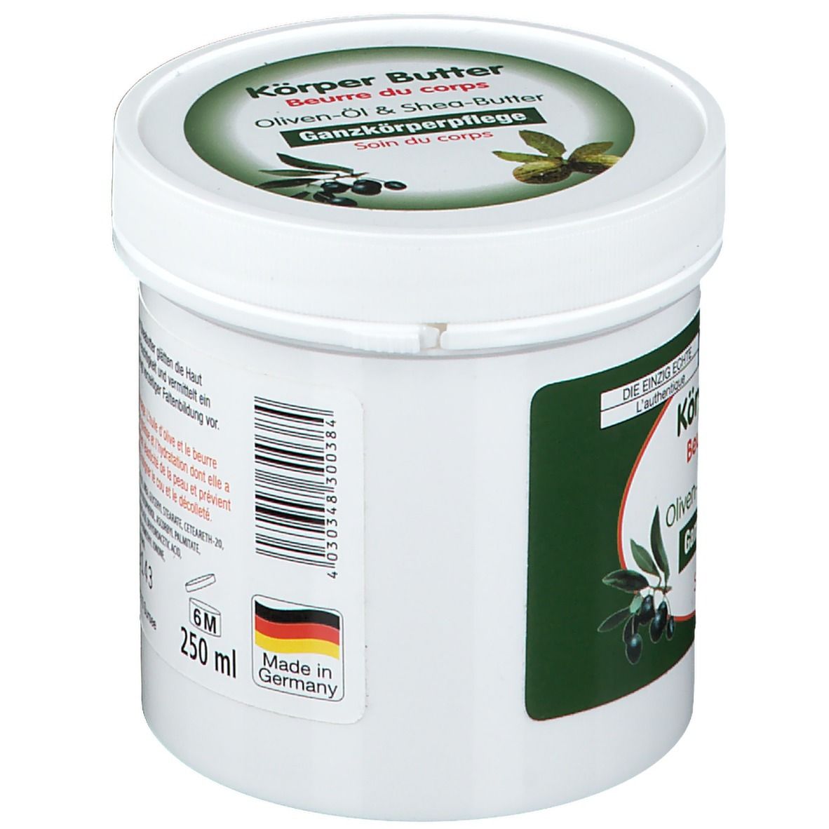 Witte pot, zijaanzicht. Groen etiket met tekst. Opschrift: Körper Butter. 250 ml. Gemaakt in Duitsland. 6M.