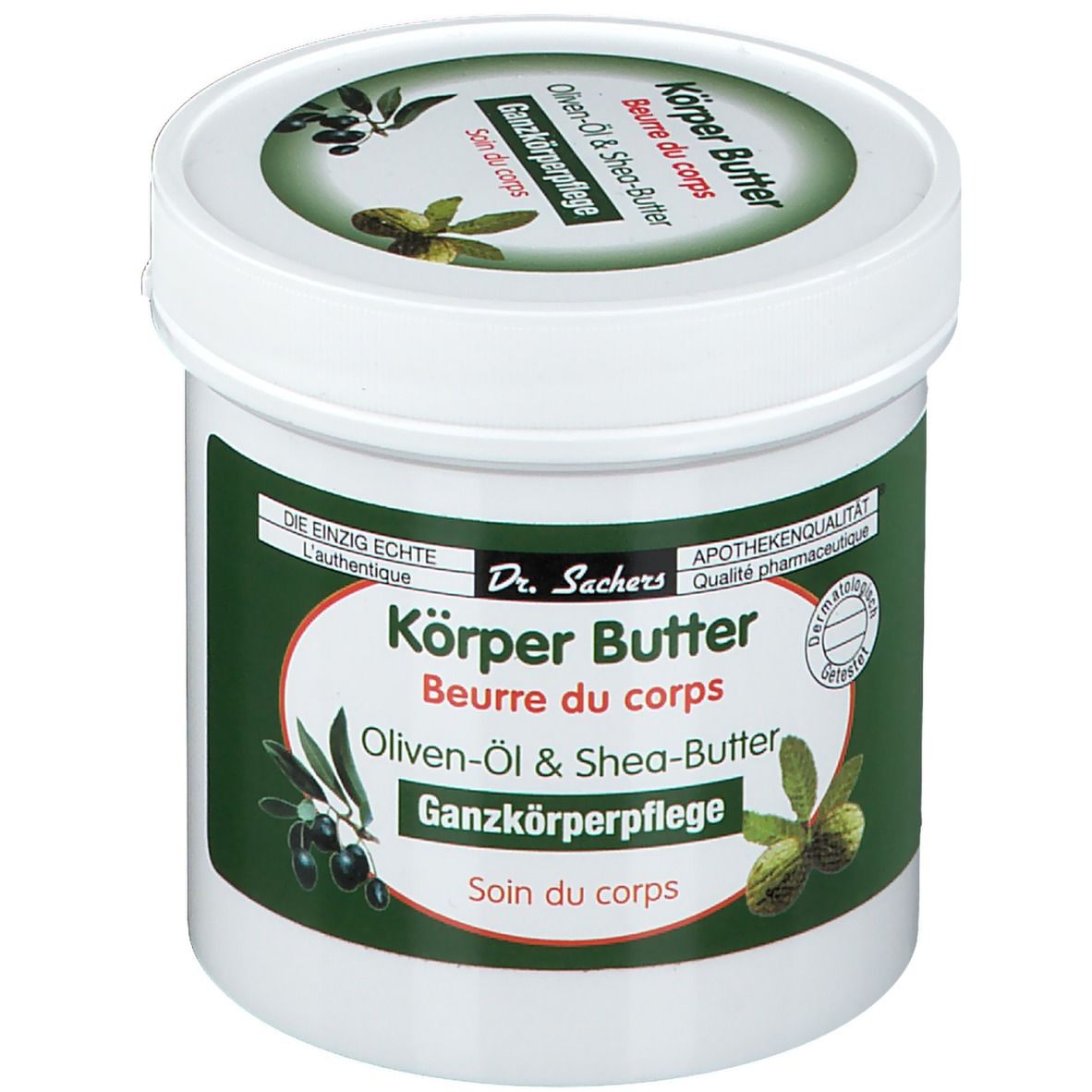 Witte pot met groen etiket. Opschrift: Körper Butter, Oliven-Öl & Shea-Butter. Apotheekkwaliteit.