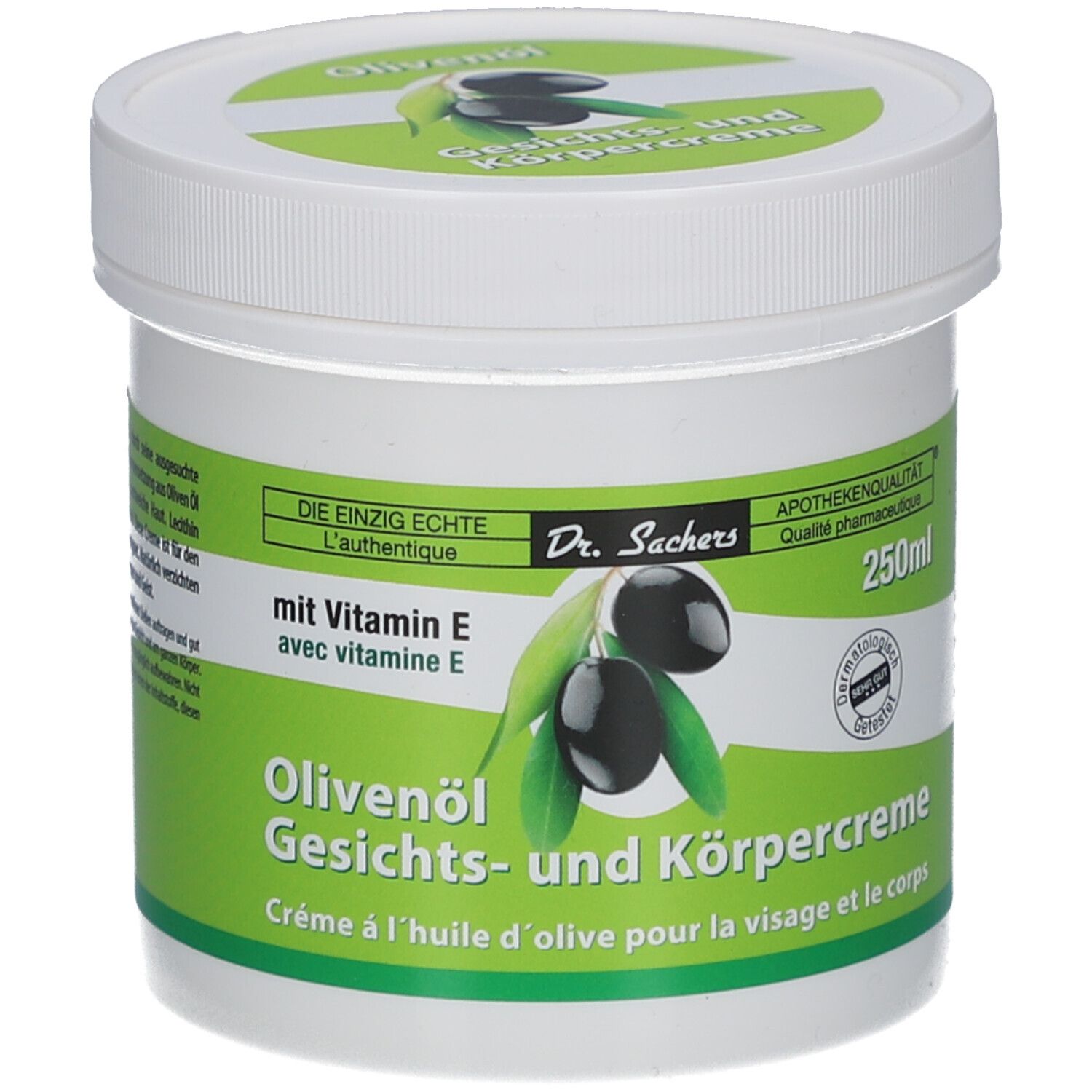 Pot blanc avec couvercle à vis. Étiquettes vertes et blanches avec nom du produit et illustration d'olives. Texte : "250ml".