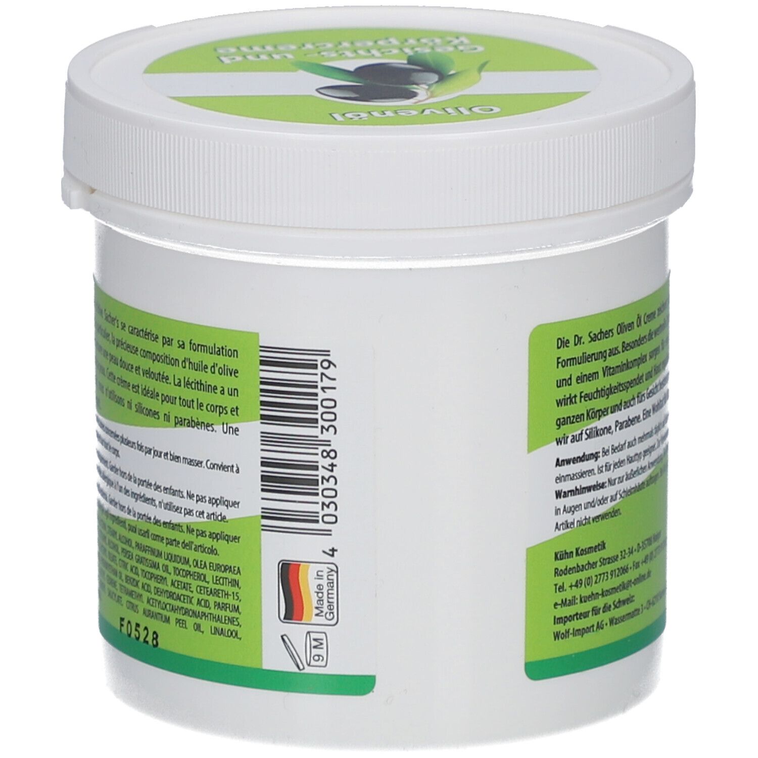 Pot blanc avec couvercle à vis. Étiquettes vertes et blanches avec nom du produit et illustration d'olives. Texte au dos.