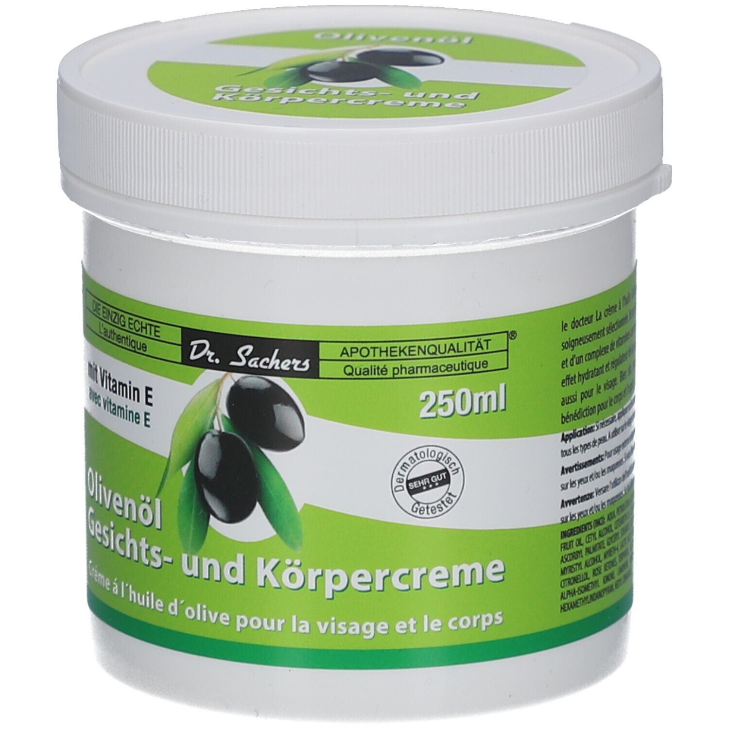 Pot blanc avec couvercle à vis. Étiquettes vertes et blanches avec nom du produit et illustration d'olives. Texte : "250ml".