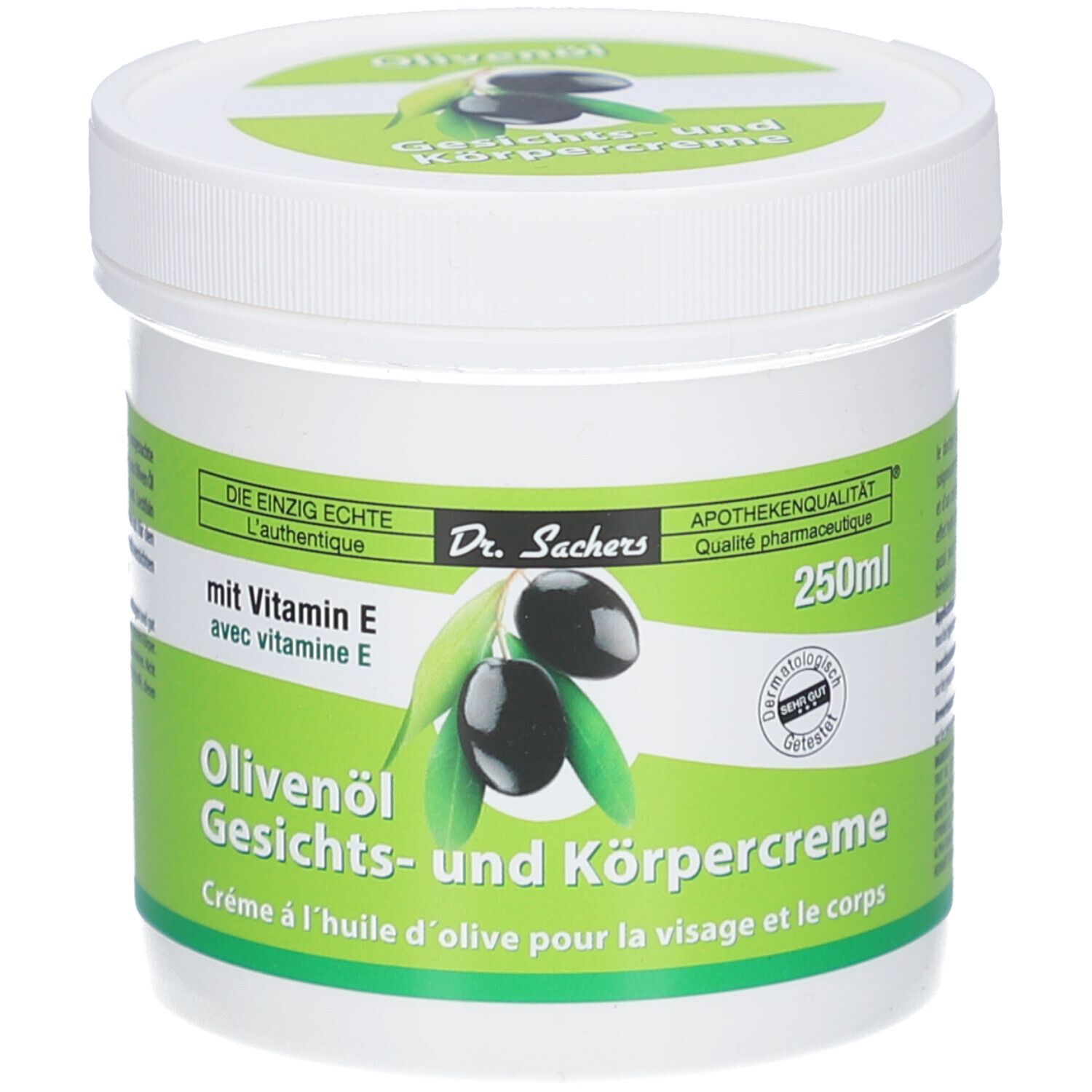 Pot blanc avec couvercle à vis. Étiquettes vertes et blanches avec nom du produit et illustration d'olives. Texte : "mit Vitamin E".