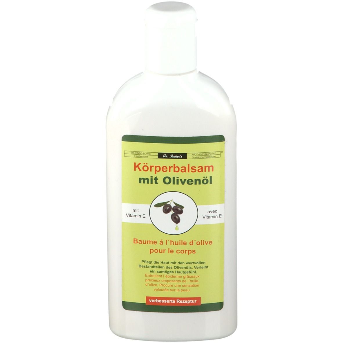 Witte fles met groen etiket. Tekst: Köperbalsam mit Olivenöl. Illustratie van olijven. Met vitamine E.