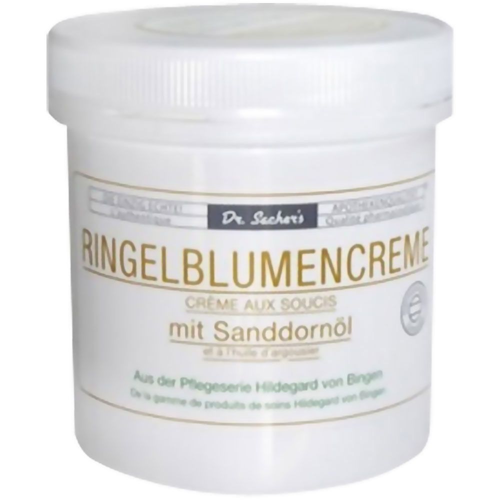 Witte pot met opschrift Ringelblumencreme mit Sanddornöl. Merk: Dr. Sachers. Apotheekkwaliteit.