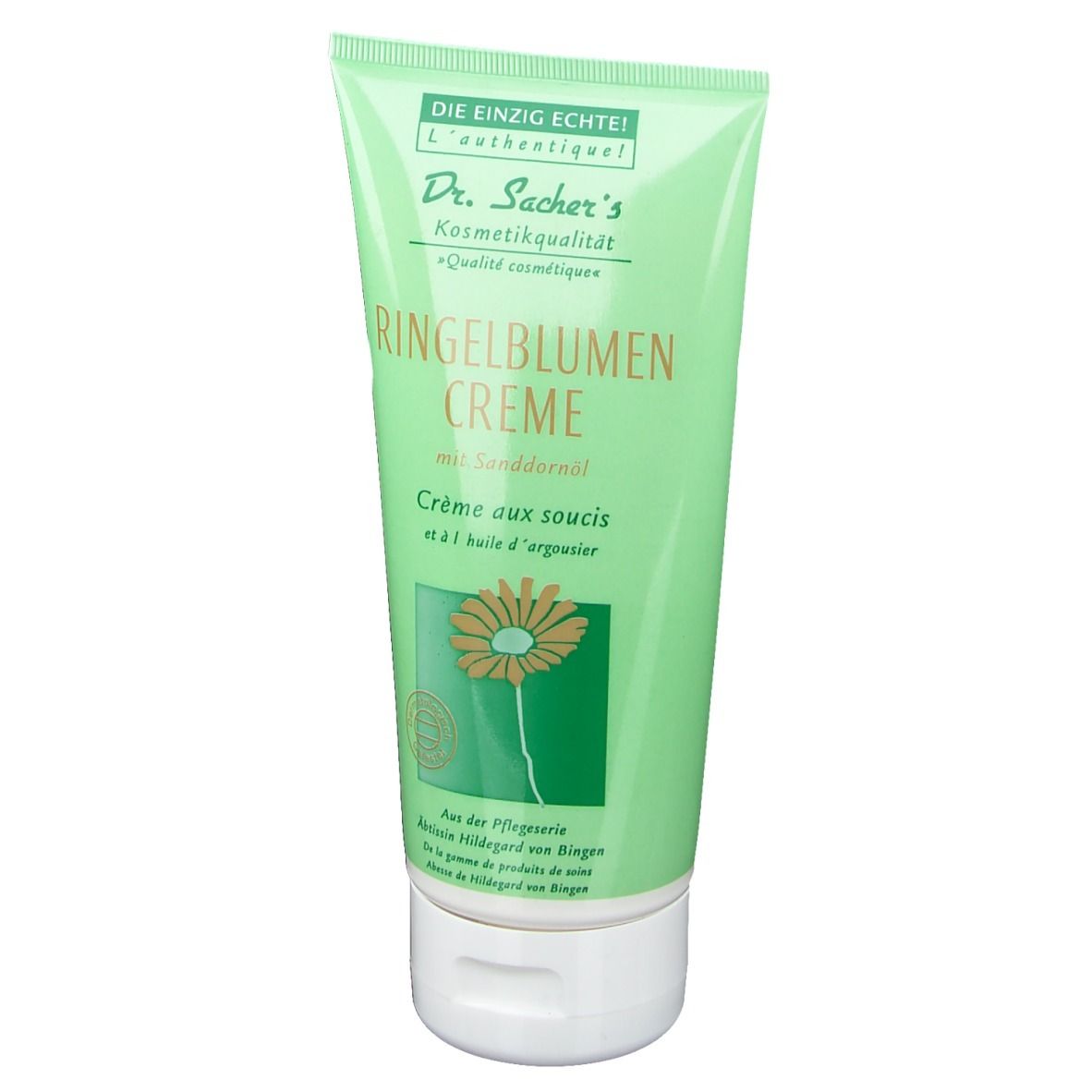 Groene tube met crème. Opschrift: Dr. Sacher's Ringelblumen Creme. Bloemenillustratie. Witte dop.