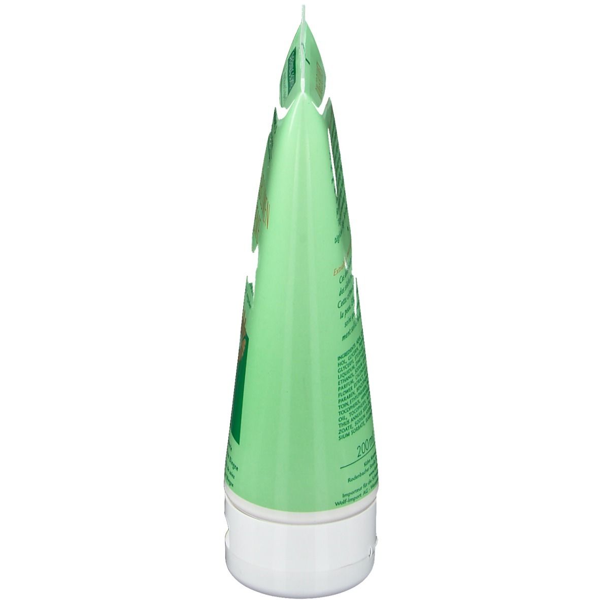 Groene tube, zijaanzicht. Witte dop. Punt van de tube gevouwen.