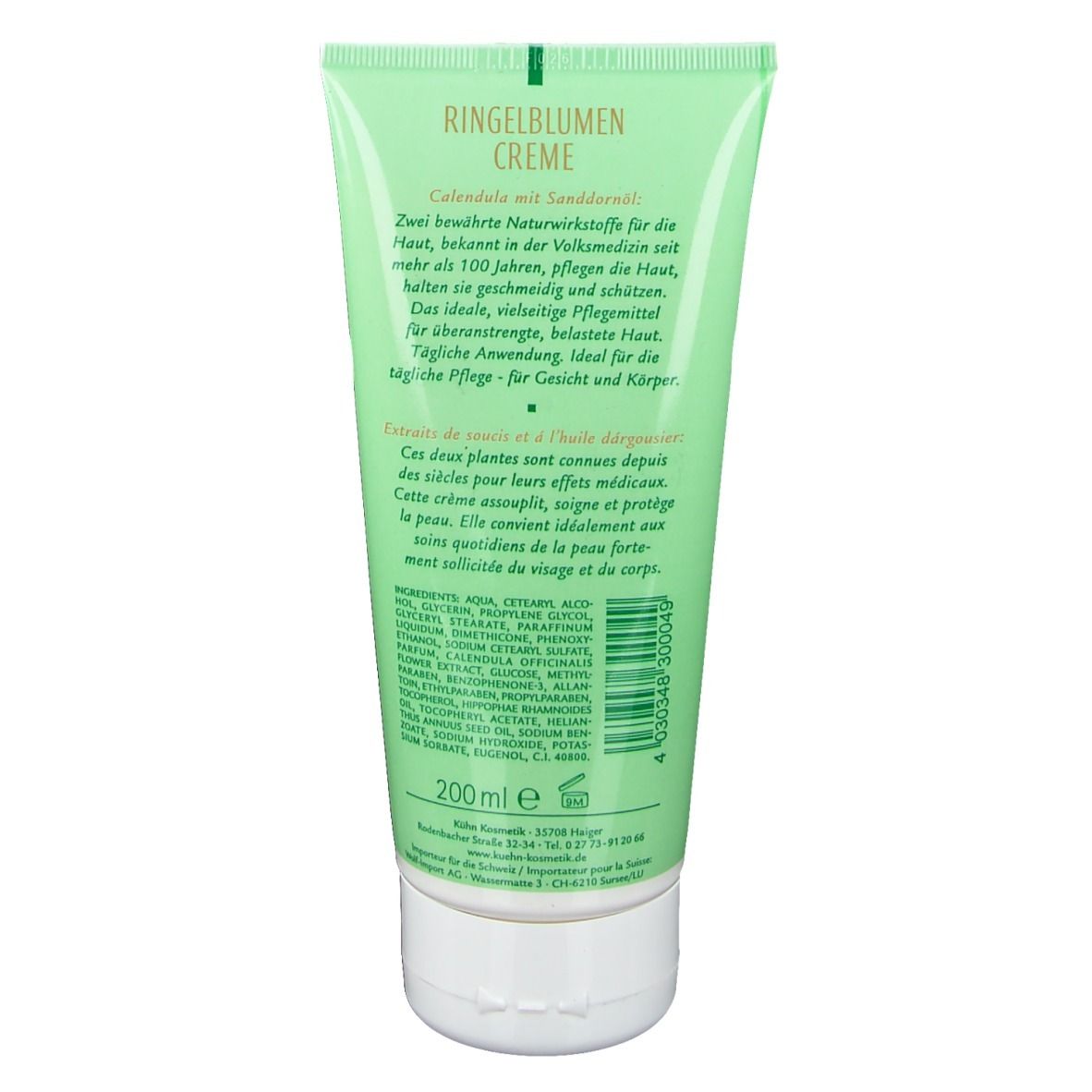 Achterkant van de groene tube. Tekst: Ringelblumen Creme mit Sanddornöl. Ingrediënten en fabrikantinfo. 200 ml.