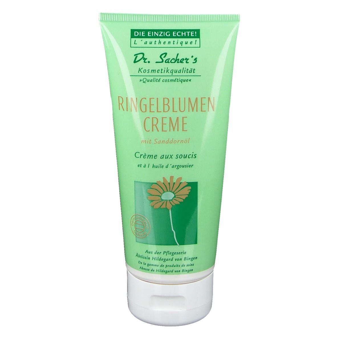Groene tube met crème. Opschrift: Dr. Sacher's Ringelblumen Creme. Bloemenillustratie. Witte dop.