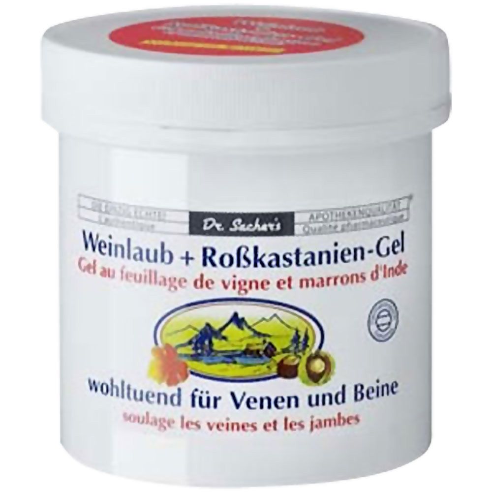 Pot blanc avec couvercle rouge. Inscription: Weinlaub + Rosskastianien-Gel. Logo avec feuilles et châtaignes.