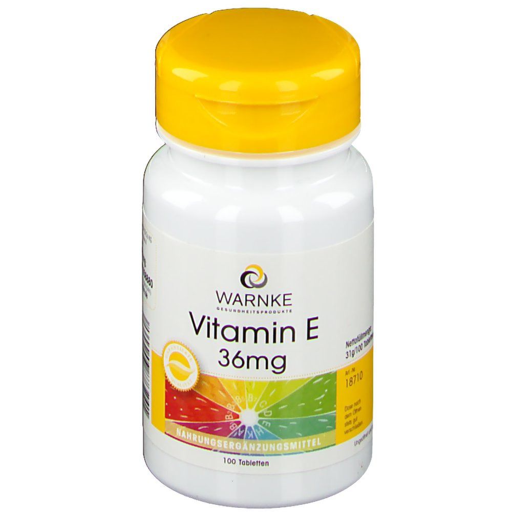 Witte fles met gele dop. Opschrift: WARNKE Vitamine E 36mg. 100 tabletten. Voedingssupplement.