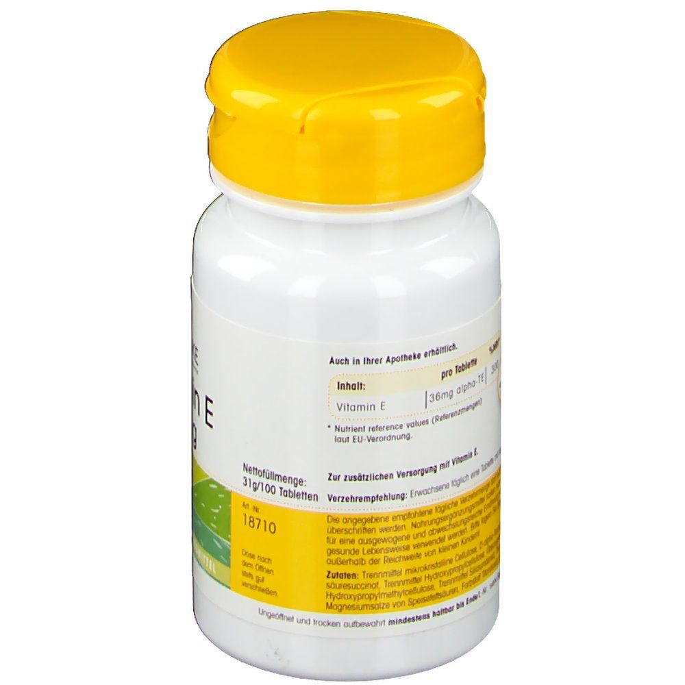 Achterkant van de witte fles met gele dop. Tekstinformatie. Opschrift: Vitamine E, 36mg. 100 tabletten. Voedingssupplement.