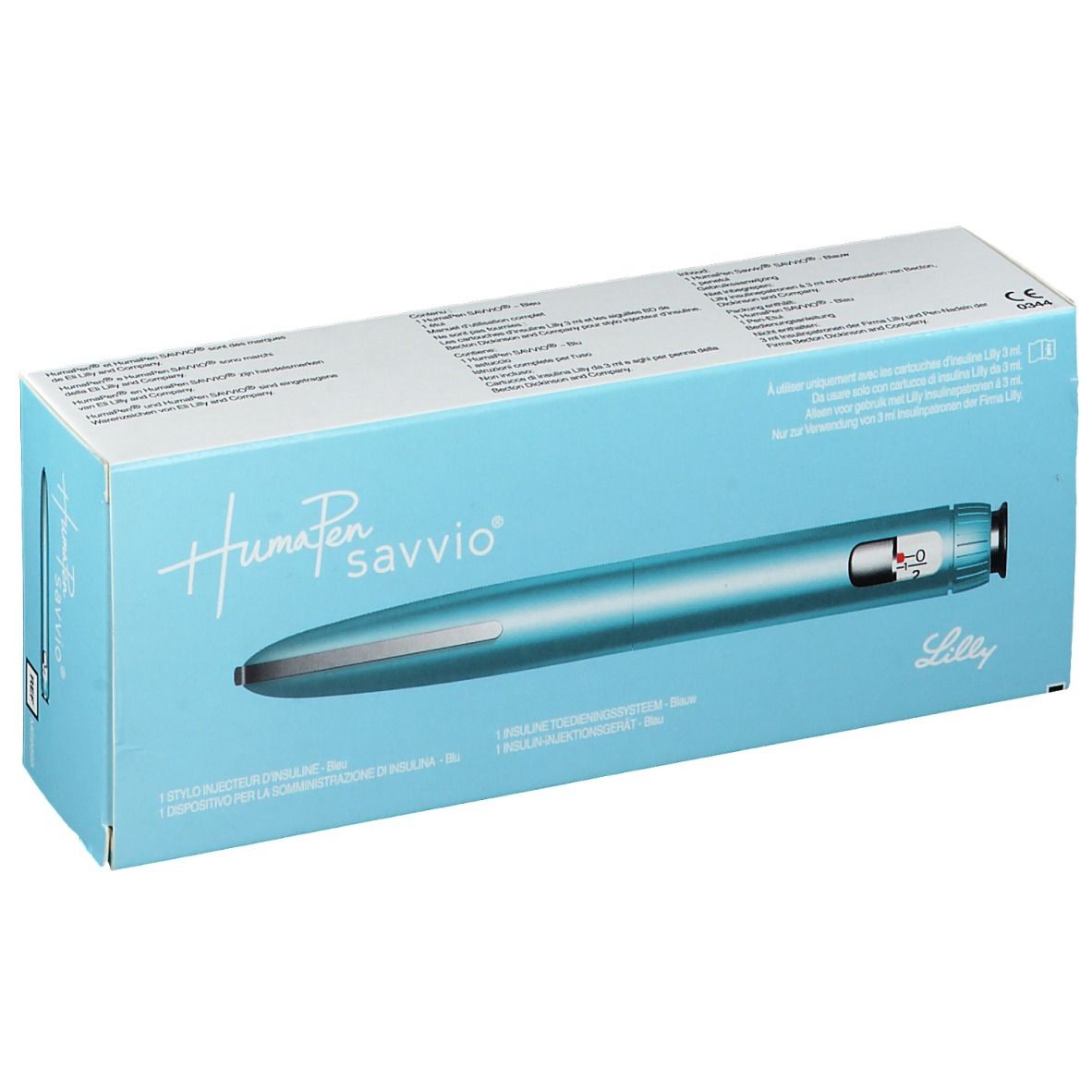 Humapen savvio blauw in verpakking. Lichtblauwe doos met productafbeelding en tekst. Lilly-logo.