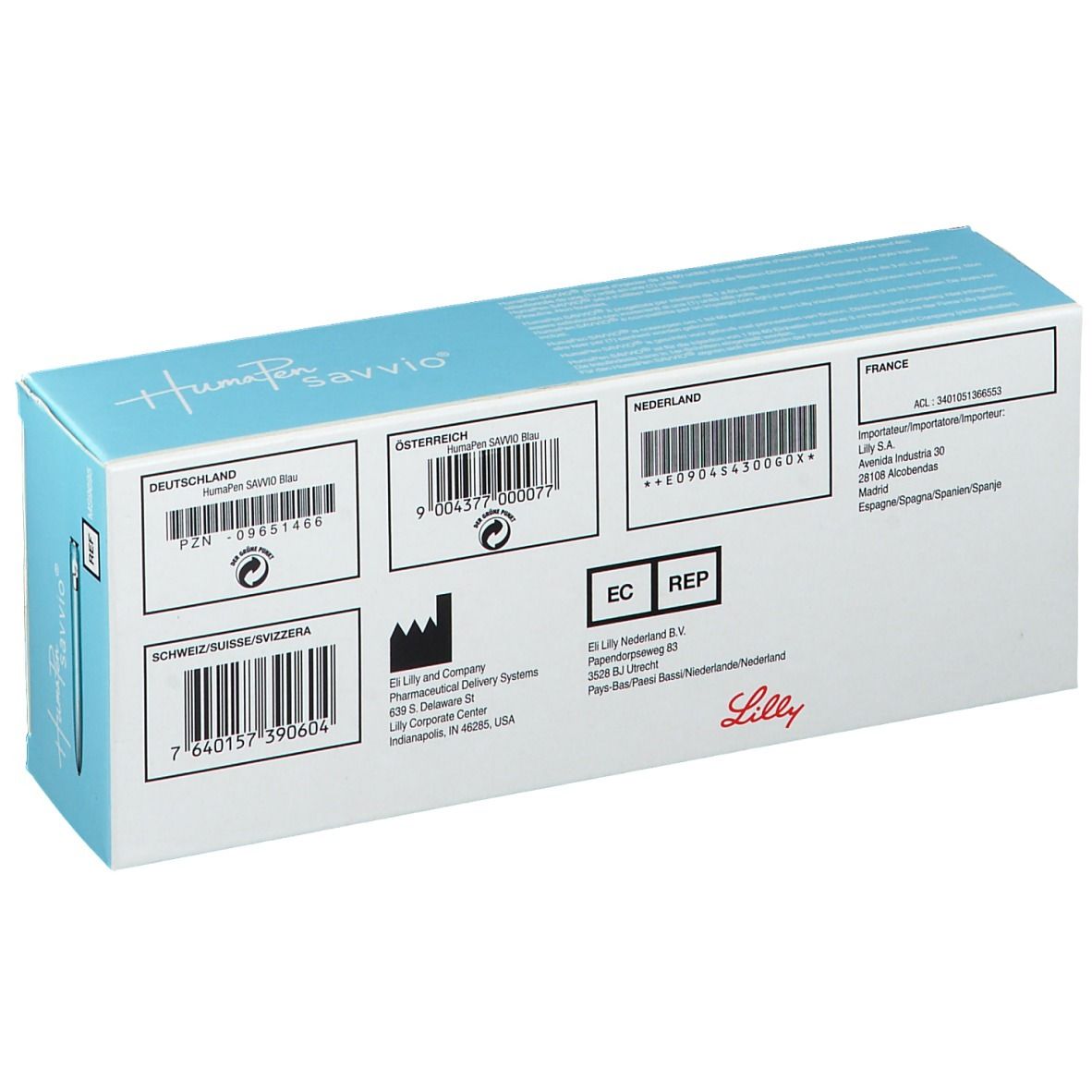 Achterkant van de Humapen savvio verpakking. Lichtblauwe doos met tekst en barcodes. Logo's en adressen.