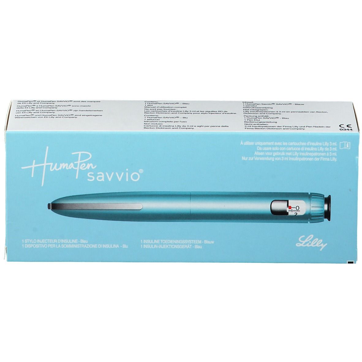 Humapen savvio blauw in verpakking. Lichtblauwe doos met productafbeelding en tekst. Lilly-logo.