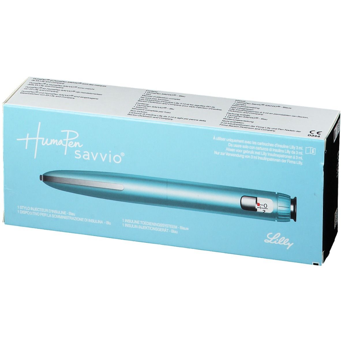 Humapen savvio blauw in verpakking. Lichtblauwe doos met productafbeelding en tekst. Lilly-logo.