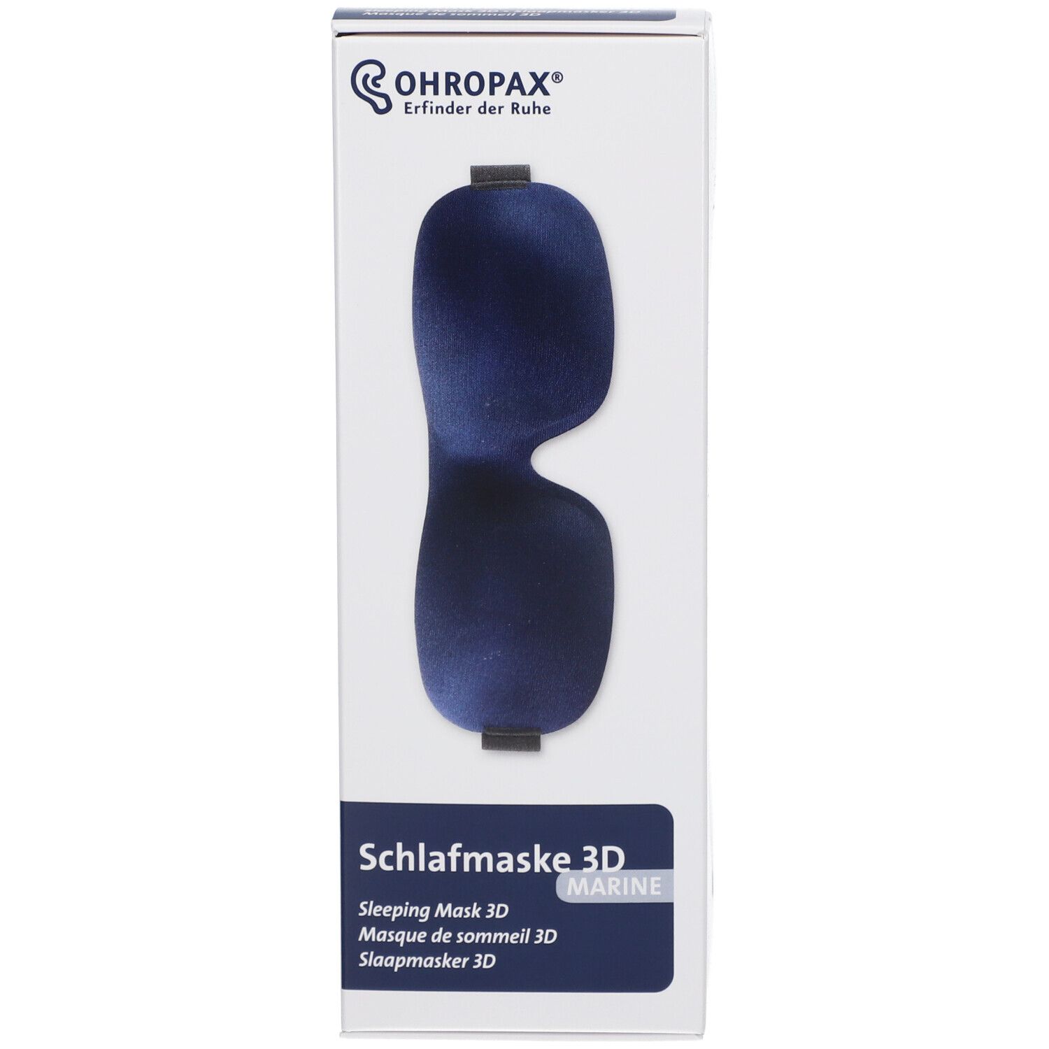 Masque de sommeil 3D Ohropax Marine dans un emballage bleu foncé.