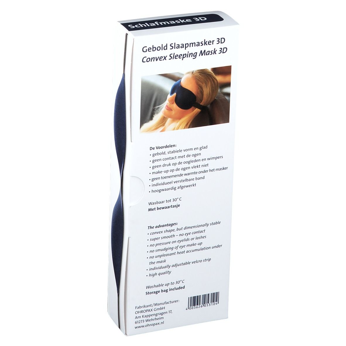 Masque de sommeil 3D Ohropax Marine dans un emballage bleu foncé.