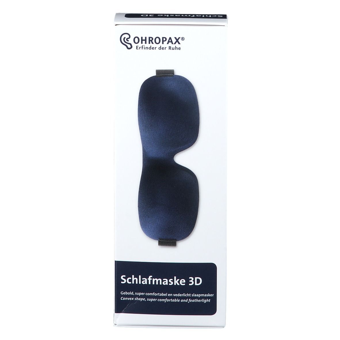 Masque de sommeil 3D Ohropax Marine dans un emballage bleu foncé.