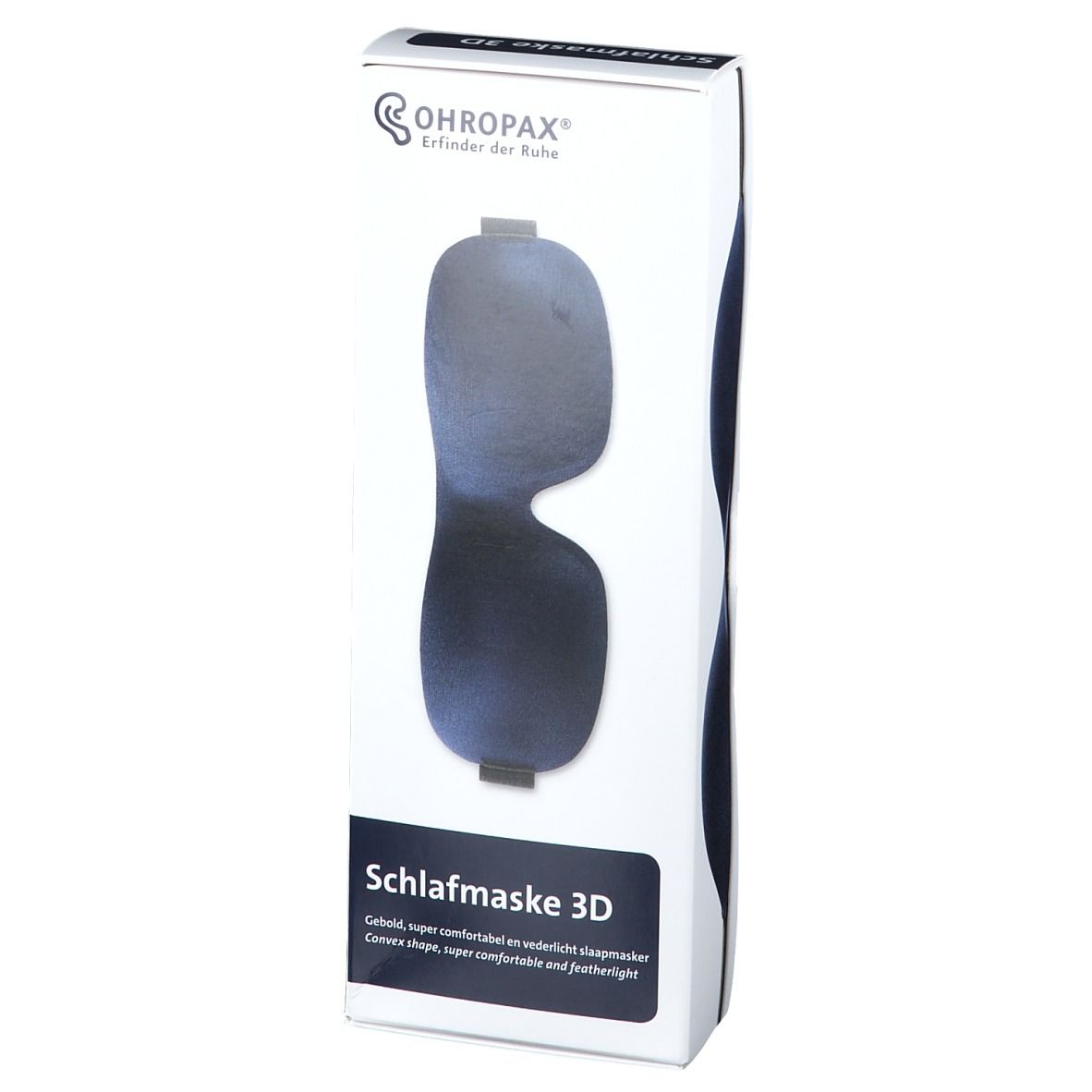Masque de sommeil 3D Ohropax Marine dans un emballage bleu foncé.