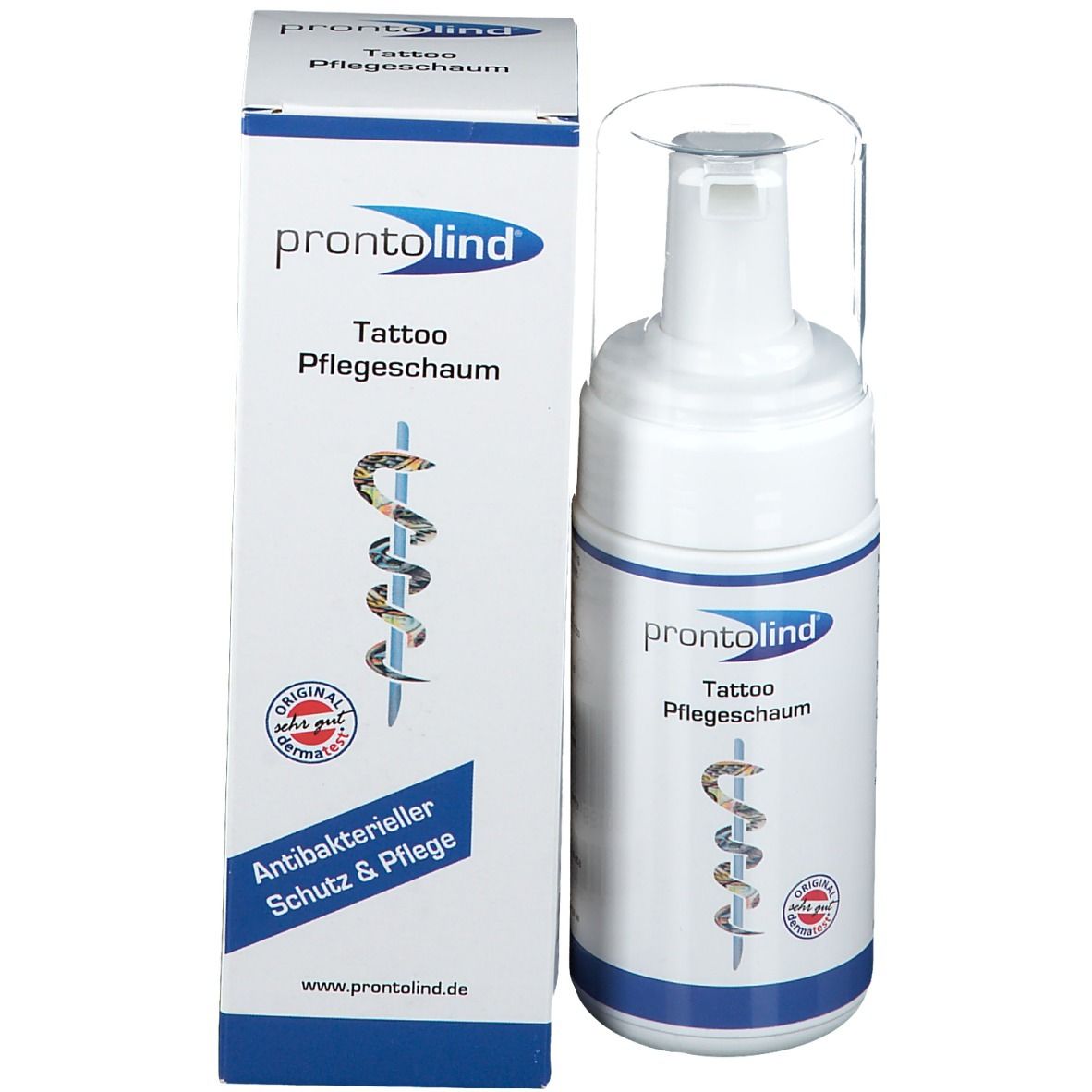 Produit et emballage. Flacon blanc et boîte. Inscription: prontoLind Tattoo Pflegeschaum. Logo. Certification.