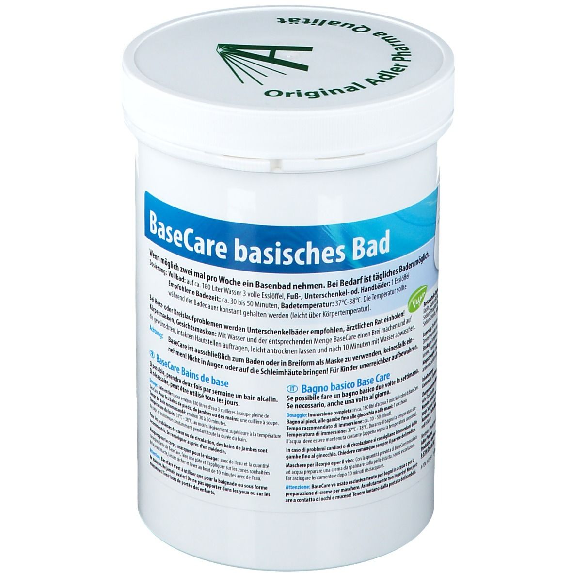 Witte pot met deksel. Opschrift: BaseCare basisch bad. Adler Pharma logo. Tekst in het Duits, Frans en Italiaans.