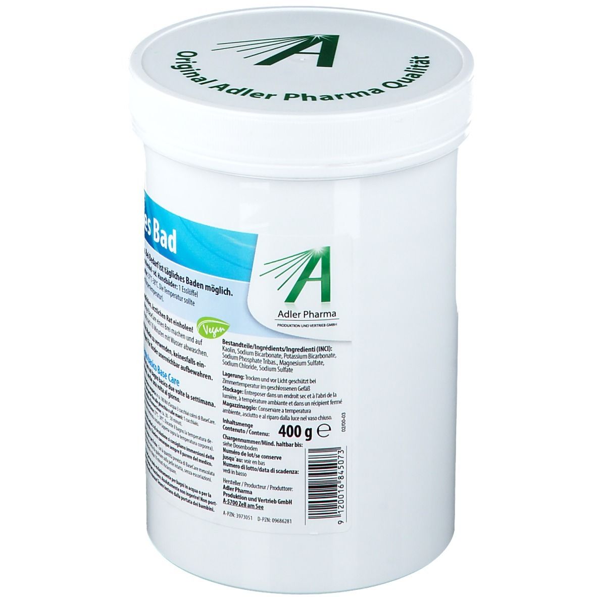 Witte pot met deksel. Opschrift: Adler Pharma. Ingrediëntenlijst en gewicht 400 g. Streepjescode. Veganistisch logo.
