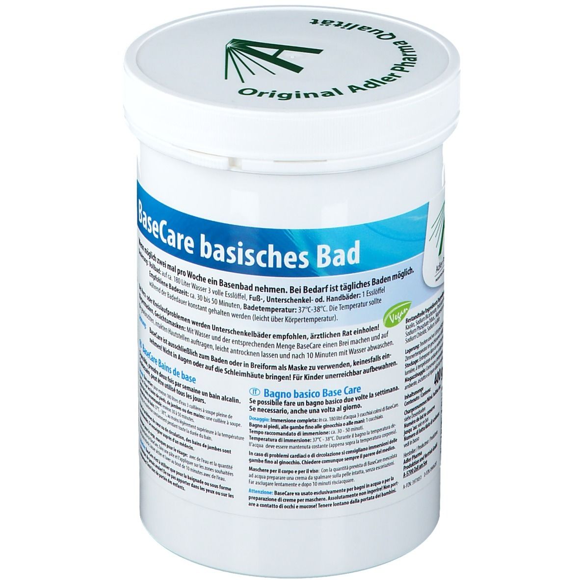 Witte pot met deksel. Opschrift: BaseCare basisch bad. Adler Pharma logo. Tekst in het Duits, Frans en Italiaans.