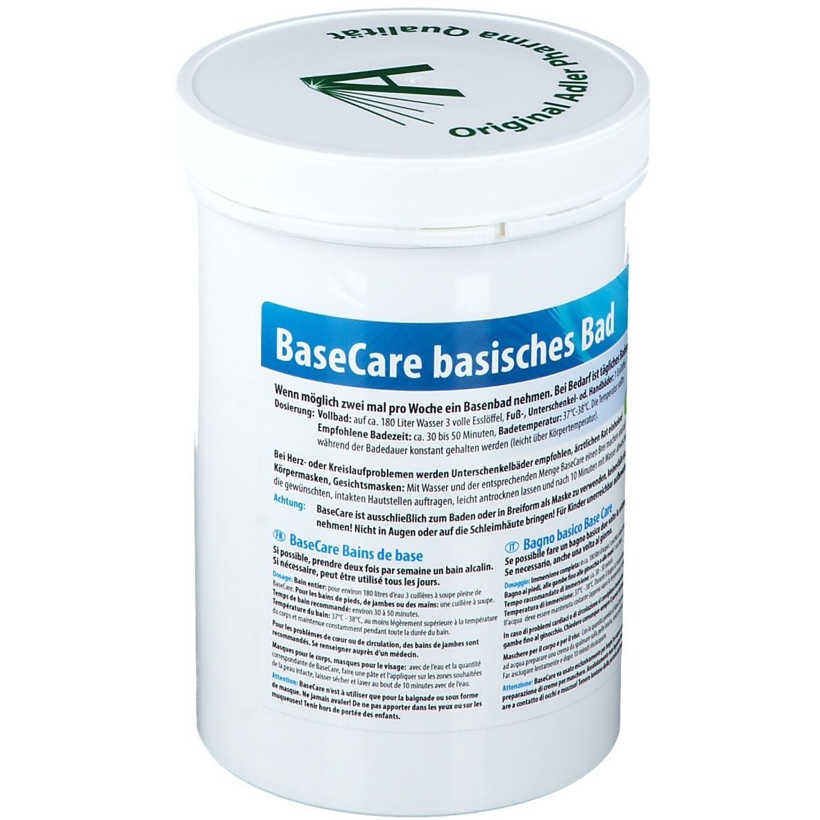 Witte pot met deksel. Opschrift: BaseCare basisch bad. Adler Pharma logo. Tekst in het Duits, Frans en Italiaans.