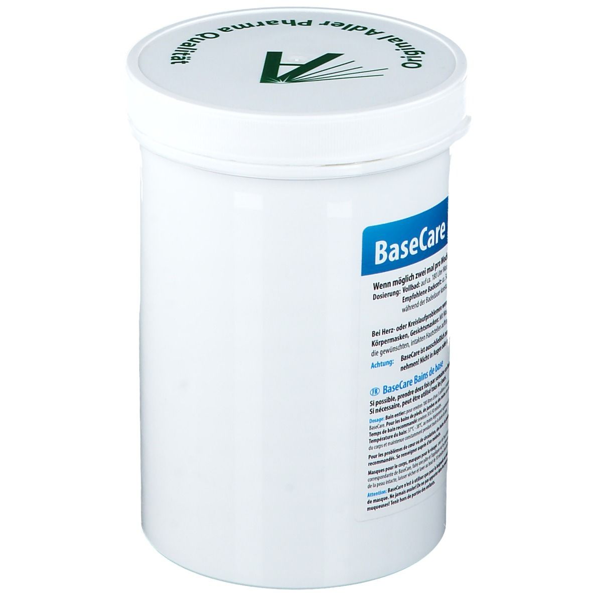 Witte pot met deksel. Opschrift: BaseCare. Adler Pharma logo. Tekst in het Duits, Frans en Italiaans.