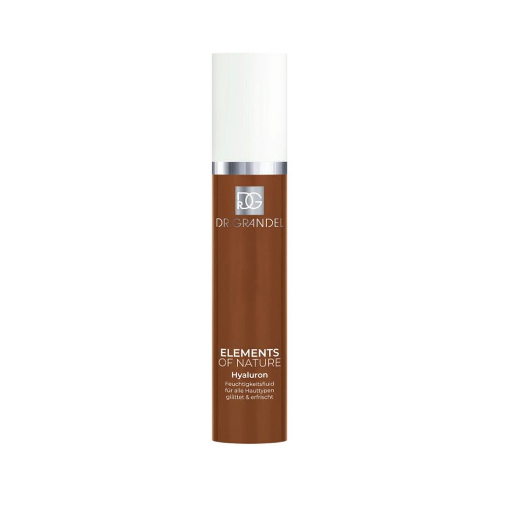 Flacon marron avec bouchon blanc. Inscription: DR. GRANDEL, ELEMENTS OF NATURE, Hyaluron.
