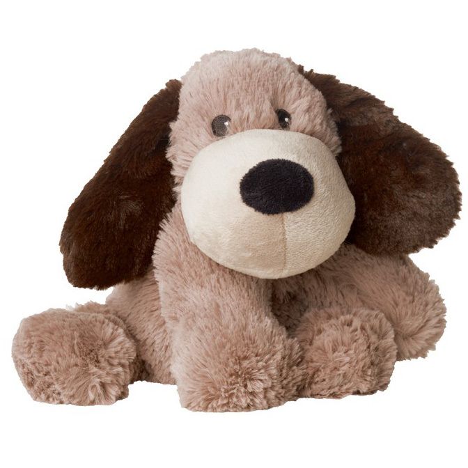 Beige pluchen hond met bruine oren. Zwarte neus, witte snuit. Zittende positie.